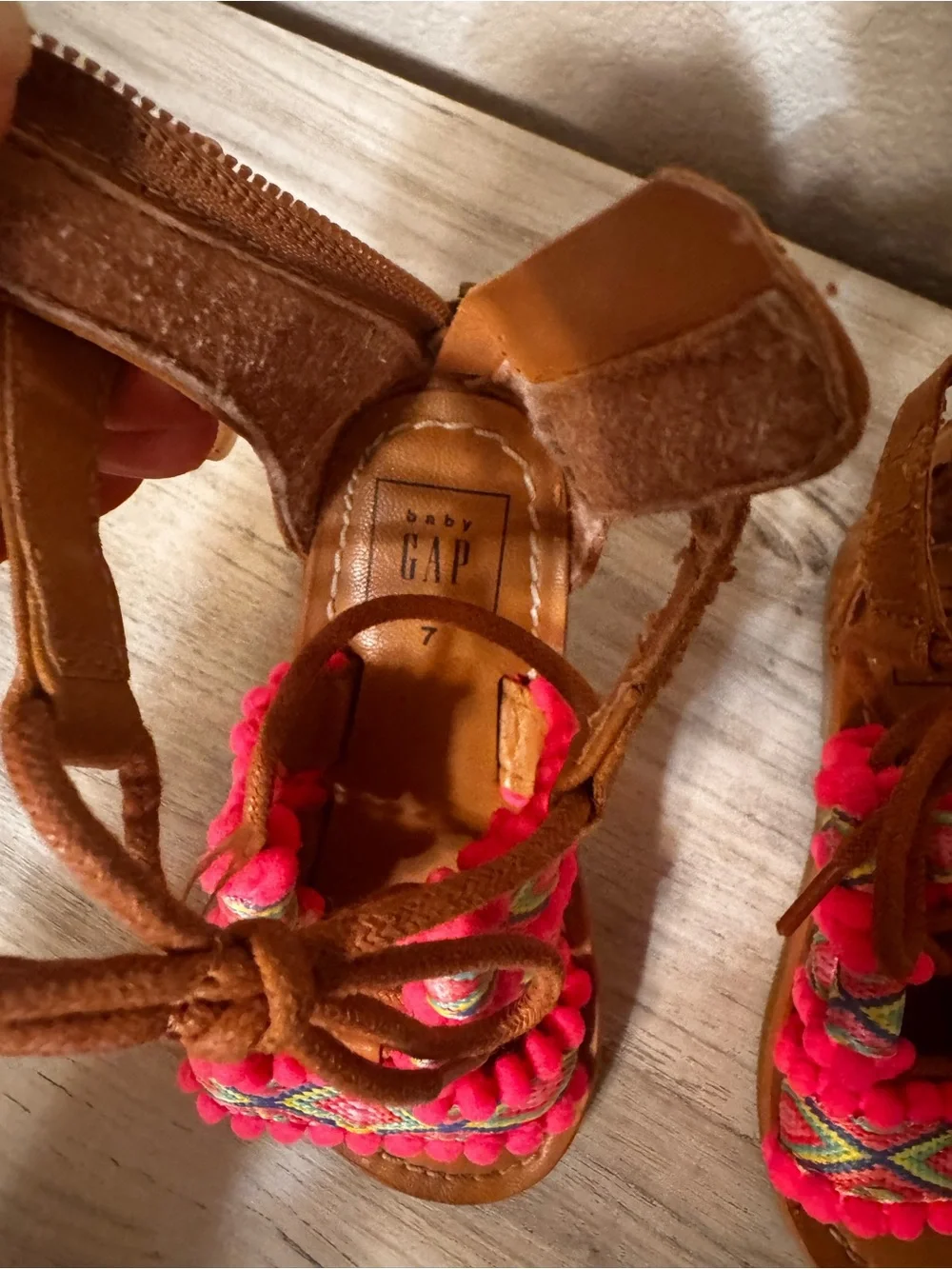 GAP Brown Sandals with Bright Pink Pom-Pom & Multicolor Woven Straps